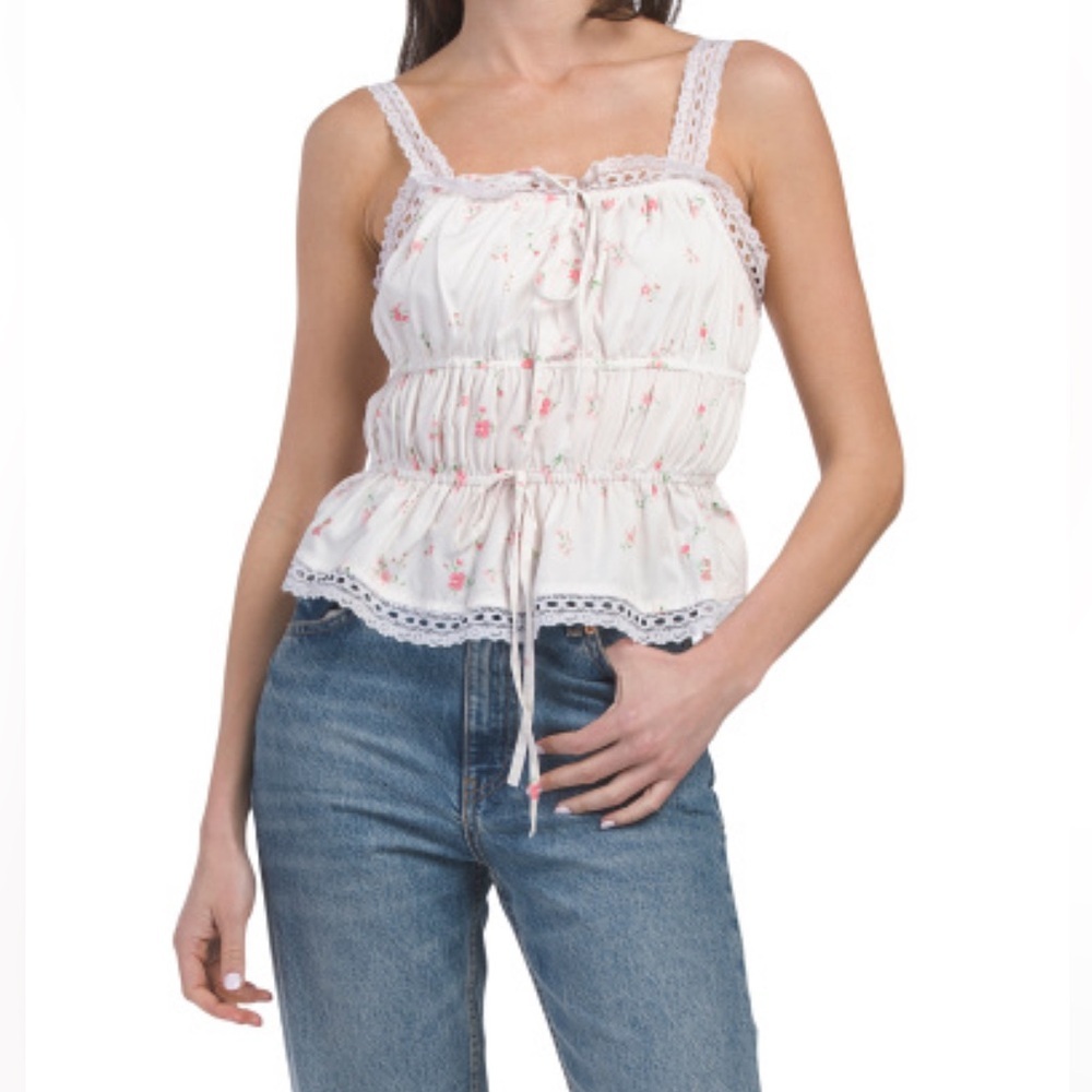 Us Together Floral Lace Trim Smocked White Top